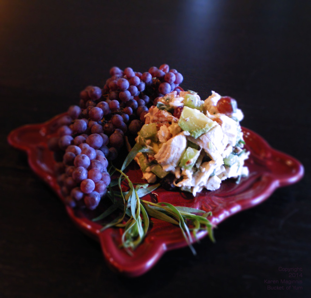 Creamy avocado, grapes, and pecans with the chicken in a tarragon sauce. Yum.